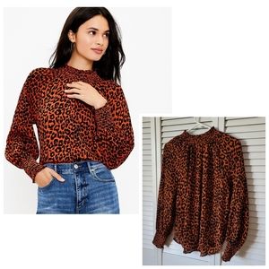 LOFT PETITES Cheetah Print Smocked Blouse MP Brown Loft Animal Print Blouse
